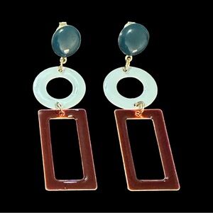 Copper Glazed Dangle Earrings Clip on Brown Blue Geometric Shape